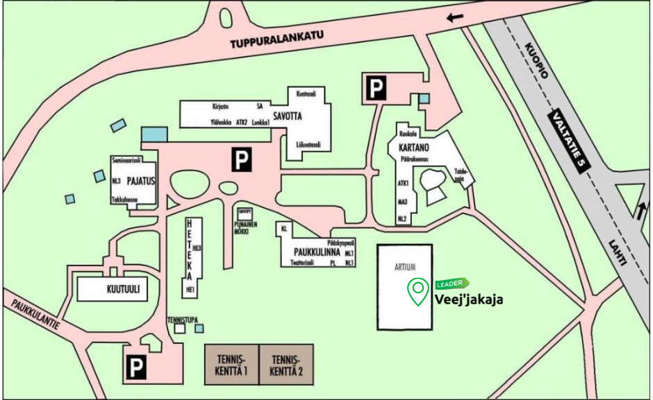 Karttakuva Suomen nuoriso-opiston Paukkulan pihapiiristä, jossa Artium rakennuksen kohdalla on merkintä Veej'jakajan toimistosta.